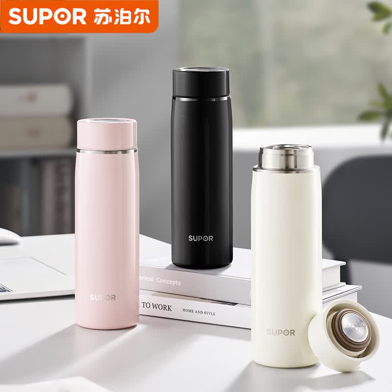 苏泊尔(SUPOR)保温杯316L不锈钢女士泡茶水杯450ml大容量便携杯子KCV45DM10 月白色高清大图