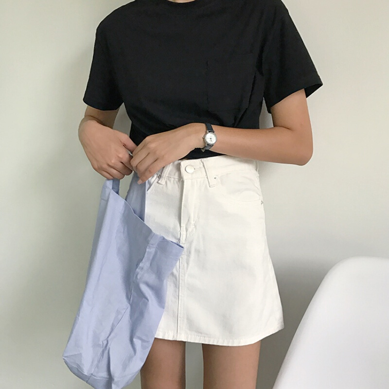 夏季甜美港味百搭女学生学院风高腰显瘦简约纯色牛仔半身裙A字裙