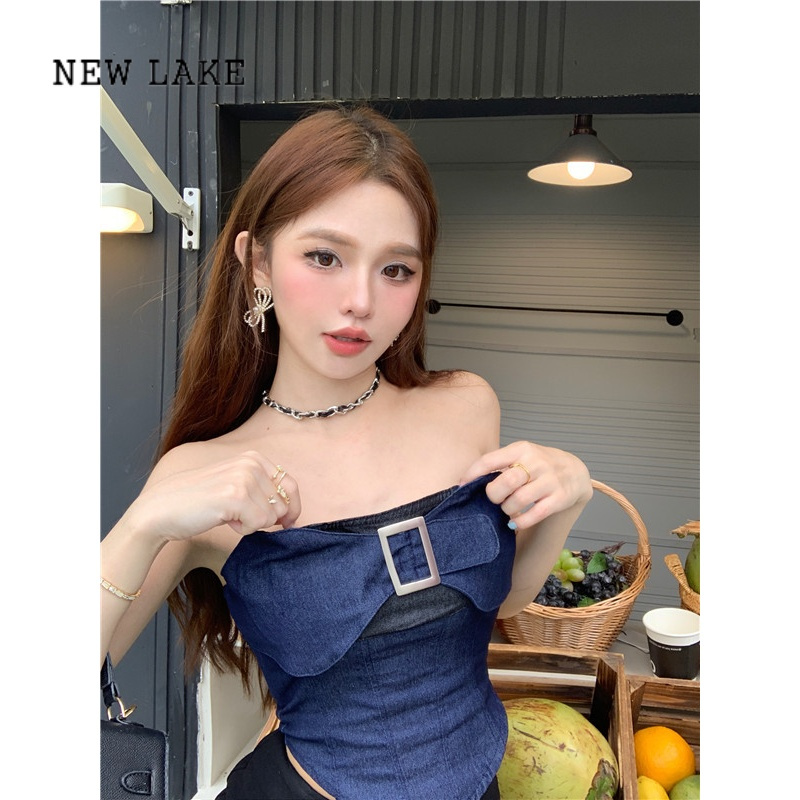 new lake辣妹蝴蝶结牛仔抹胸背心女夏季不规则无肩带性感短款上衣外穿