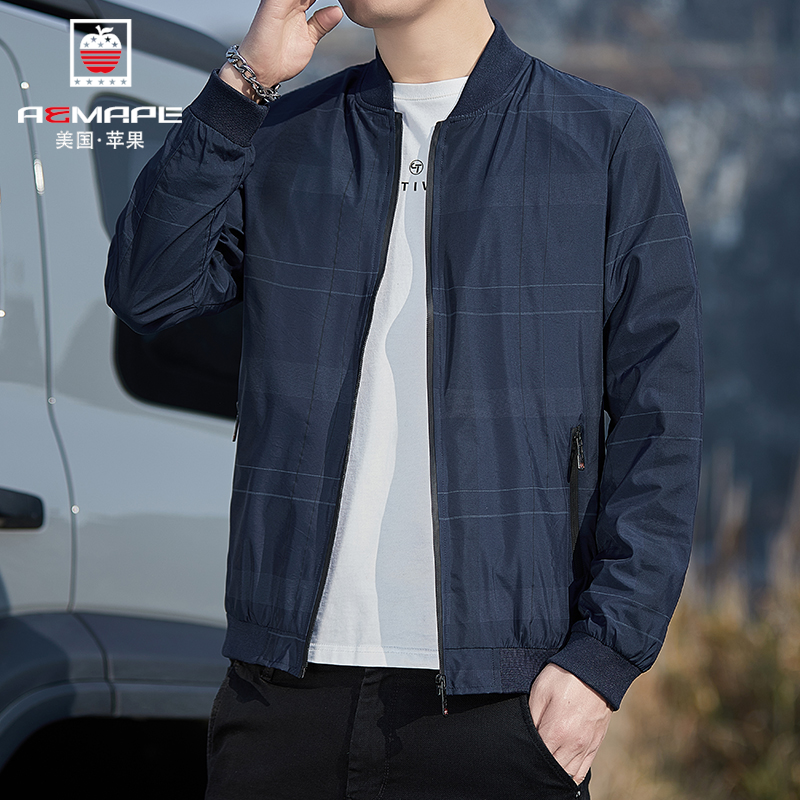 美国苹果薄款宽松外套中年男士夹克衫春秋季休闲上衣服中老年人男装