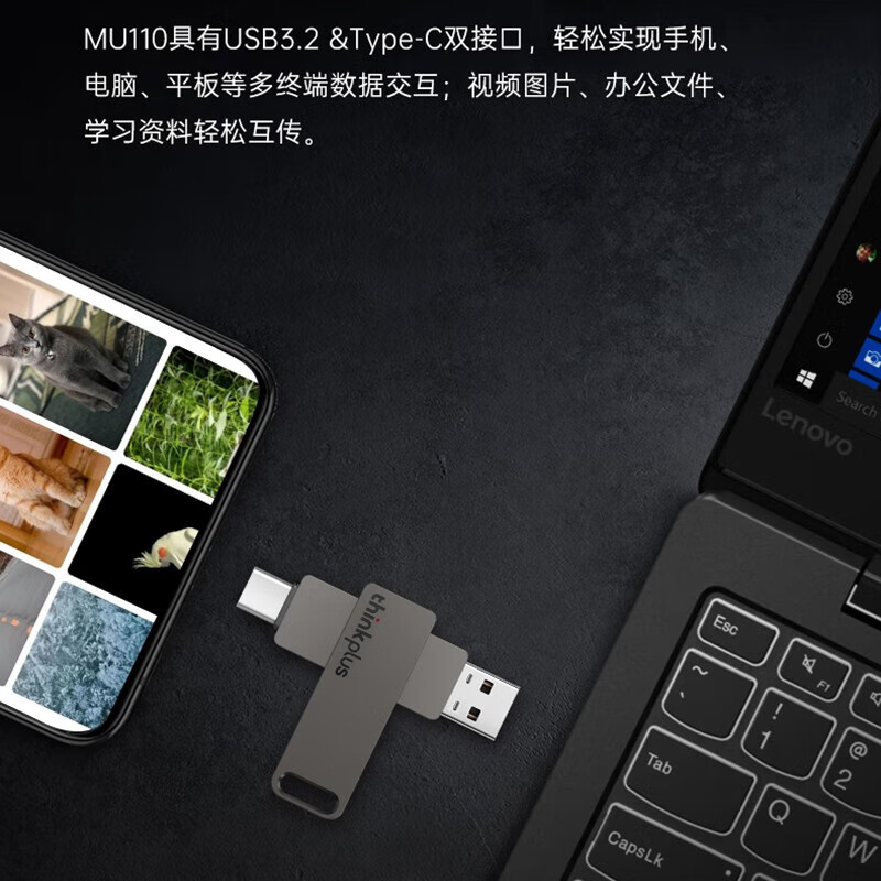 联想ThinkPlus 手机电脑两用 USB3.2高读速Type-C双接口金属U盘 MU110系列 灰色 1TB高清大图