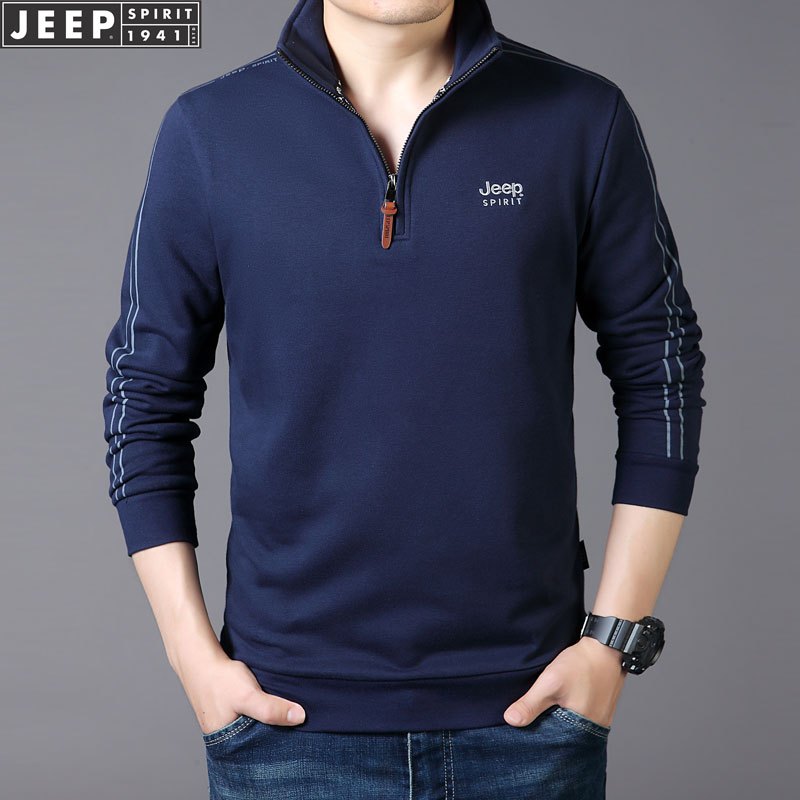 吉普男士半拉链立领t恤长袖套头polo衫宽松秋季纯色男装商务休闲体恤