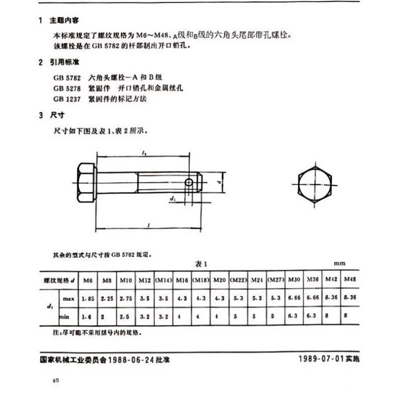 昕星 六角头尾部带孔螺栓 A、B级 M16×65