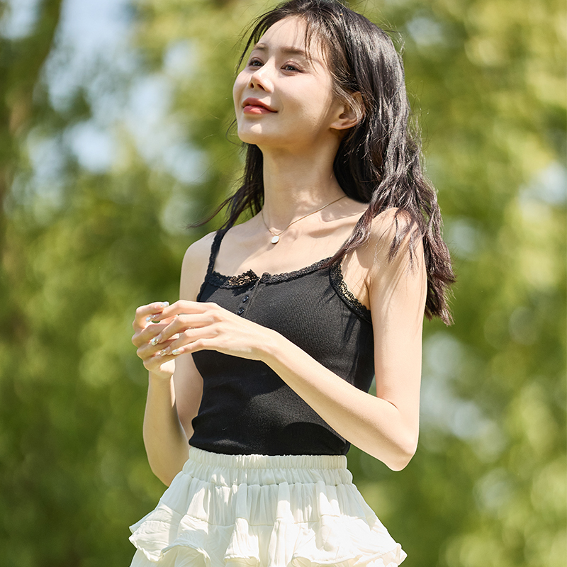 唐狮夏季新款吊带背心女内搭蕾丝小针织纯欲法式无袖上衣辣妹