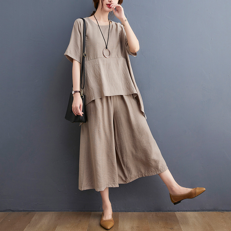 阔腿裤套装女夏季胖mm文艺大码女装纯色复古短袖t恤两件套