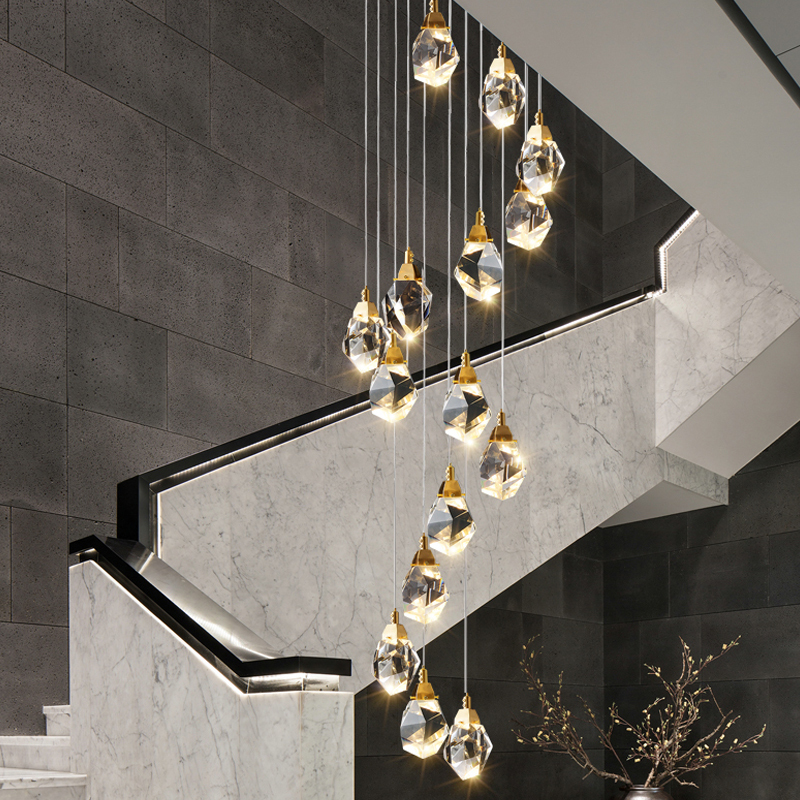 vvs冰菱角全铜网红2022新款后现代轻奢水晶楼梯长吊灯大气别墅楼大
