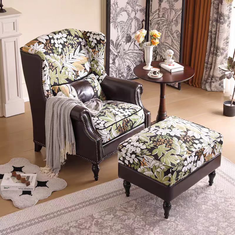 繁花老虎椅法式复古风布艺真皮拼接单椅美式客厅高背休闲单人沙发高清大图