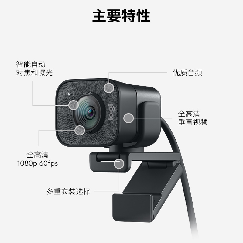 罗技(Logitech)StreamCam直播摄像头 高清网络摄像头家用1080P台式笔记本视频会议电脑摄像头外接 黑色高清大图