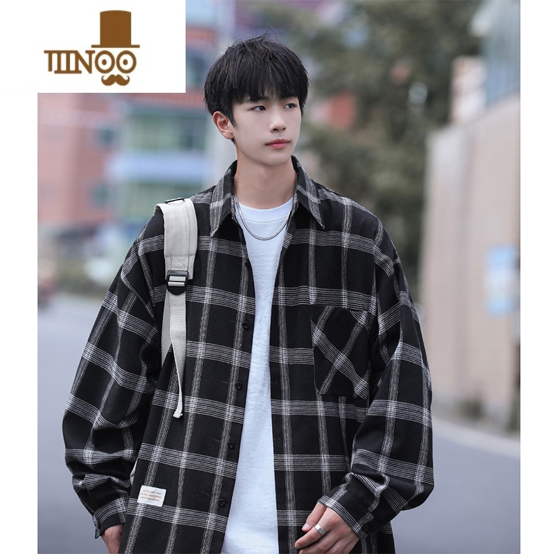 YANXU格子衬衫男长袖日系复古痞帅百搭潮流宽松学生休闲衬衣外流高清大图