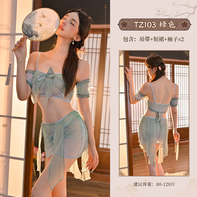 九里晴川情趣内衣珊瑚宫心海透视套装性感可爱古风纯欲睡衣 九里晴川TZ103【心海古风套装-绿】 均码