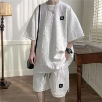 休闲运动套装男华夫格学院风短袖T恤宽松字母短裤两件套 5XL 白色