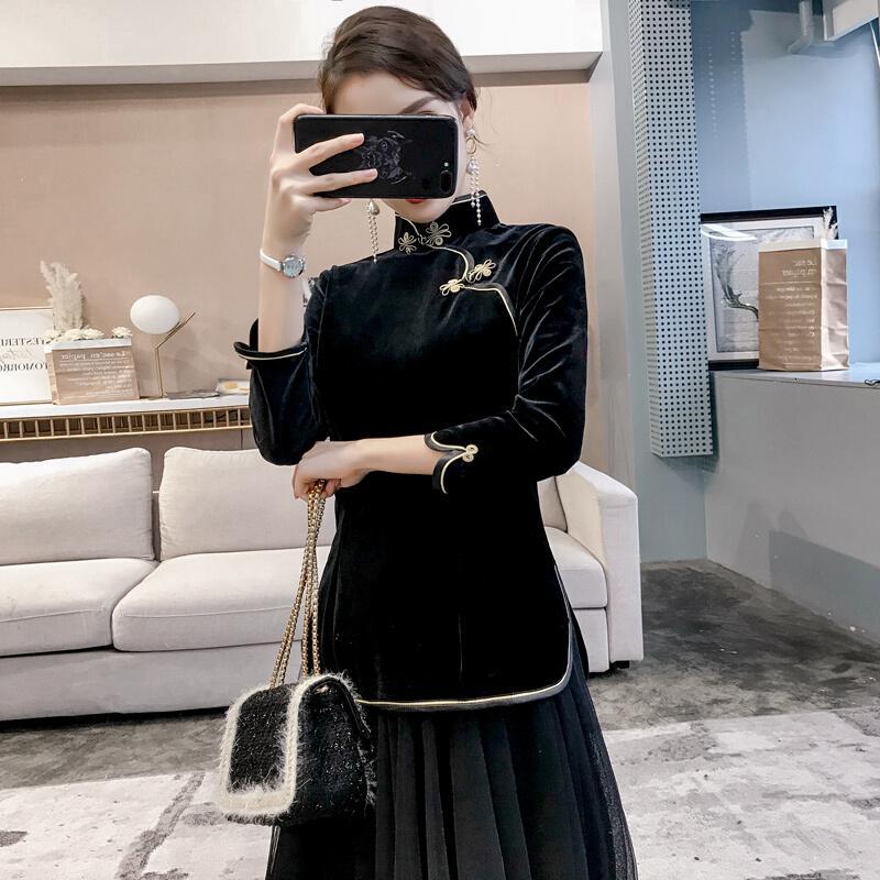 改良版旗袍少女春款上衣女2018新款中国风女装冬复古中式盘扣唐装黑色