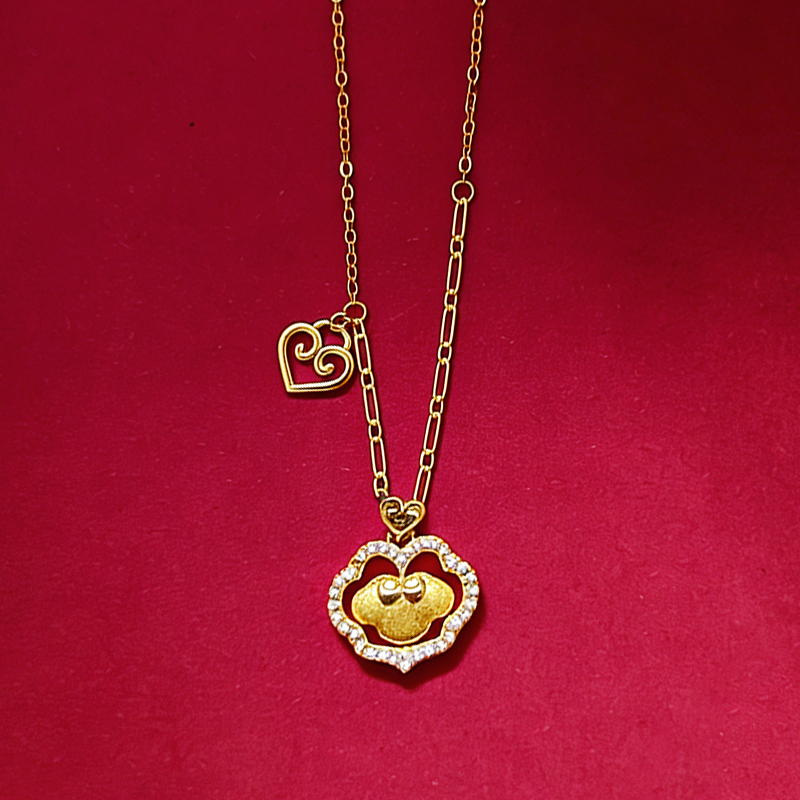 北京黄金 S925 银镶石拉丝福锁套链 国风如意锁 送女友礼物高清大图