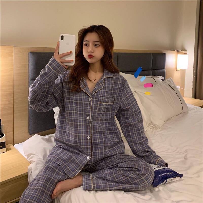 波迷娜(BOMINA)格子睡衣套装女秋长袖韩版清新学生冬季款服可外穿两件套