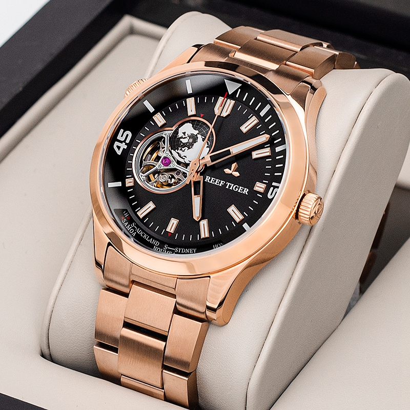 瑞夫泰格(REEF TIGER)休闲商务手表全自动机械表男表地球自转防水星球腕表钢带男士手表RGA1693-3 金色黑面