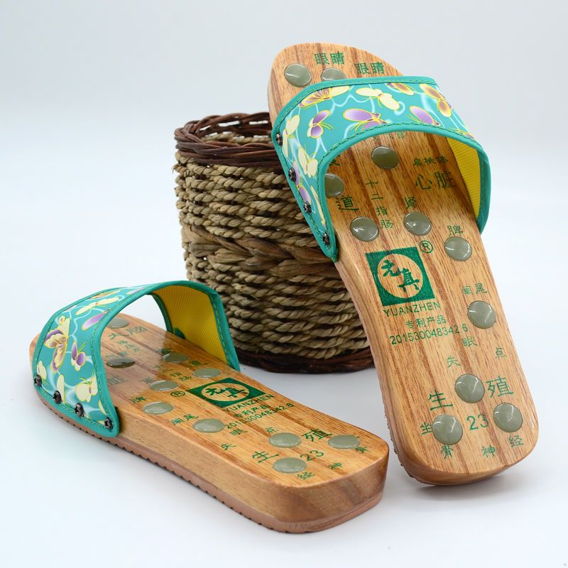 平底按摩木拖鞋女足疗木鞋透气居家男女木板鞋木屐拖鞋绿蝴蝶34