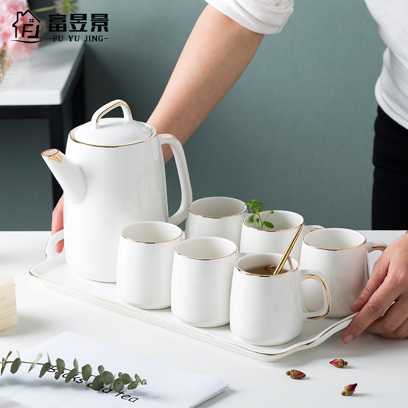 富昱景景 德镇陶瓷轻生活水壶水杯茶具一壶六杯带托盘珍珠白