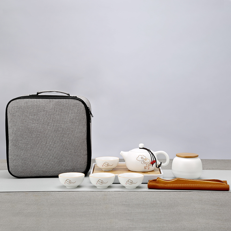 常生源 旅行茶具套装 便携陶瓷功夫茶具 办公室 一壶四杯 带茶盘茶叶罐茶夹茶巾 手提包 祥云如意套组高清大图