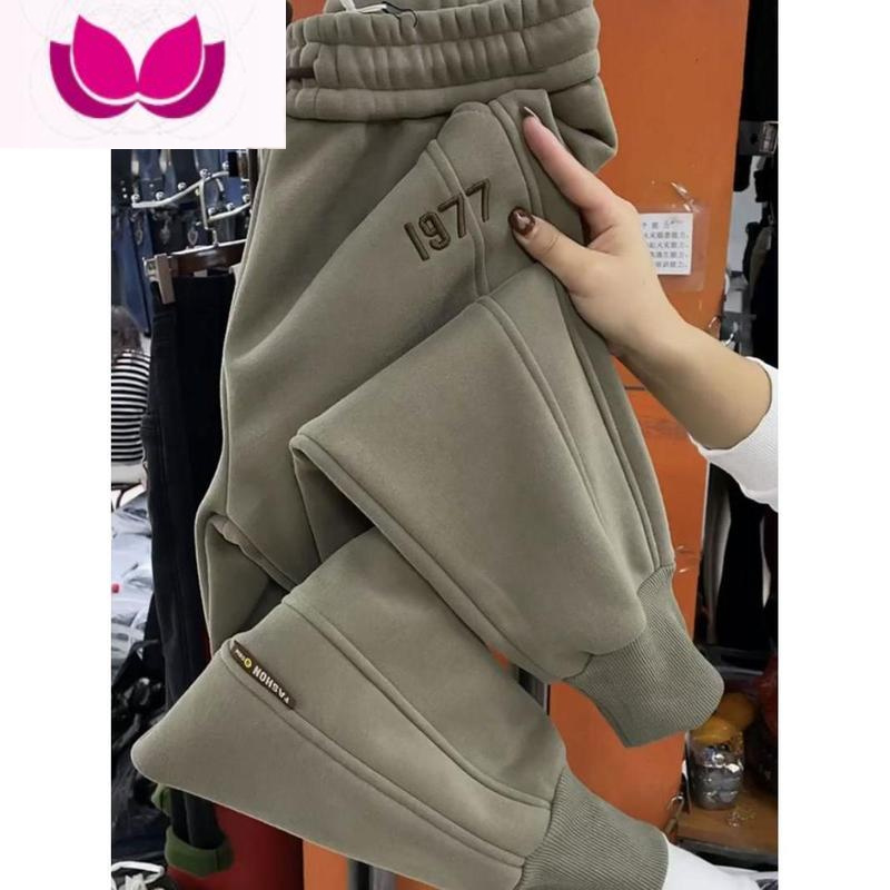 七斓特大码300斤欧货加绒束脚裤子男女宽松休闲卫裤抽绳刺绣哈伦裤潮