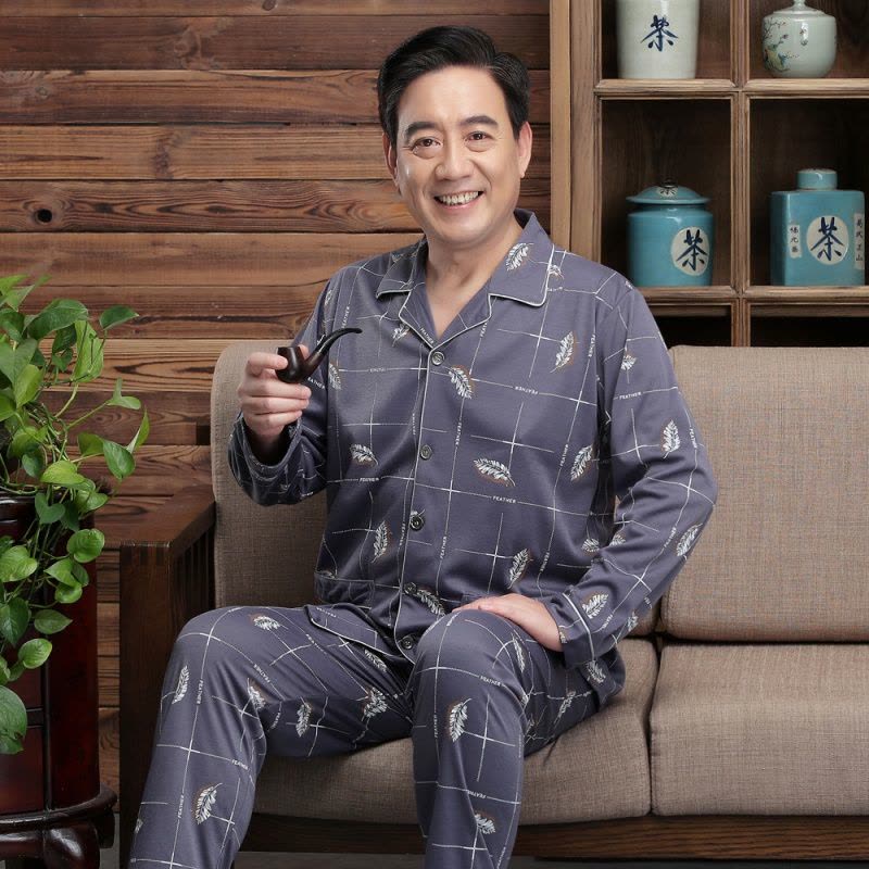 睡衣男长袖春秋款中老年爸爸加大码宽松青年男士秋冬季家居服套装图片