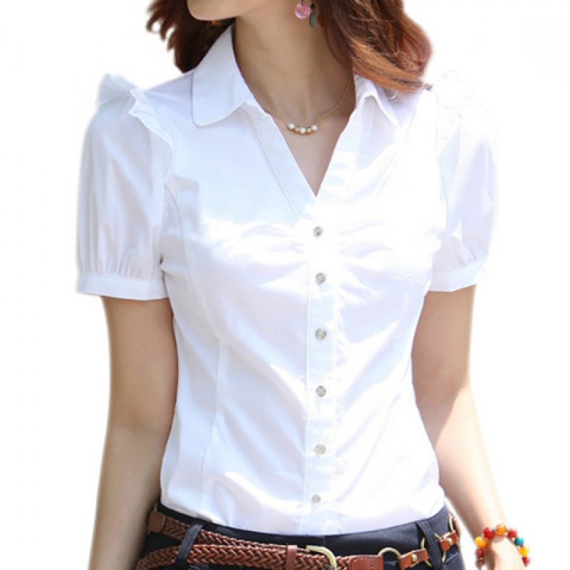 夏季v领职业衬衫女装正装短袖女衬衫工装女韩版白领工作服白衬衣