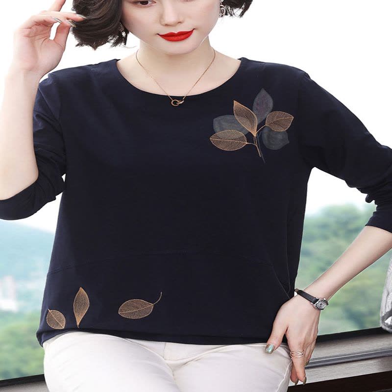 棉质长袖t恤女 宽松上衣2022新款中老年洋气秋衣外穿妈妈装打底衫 莎丞图片