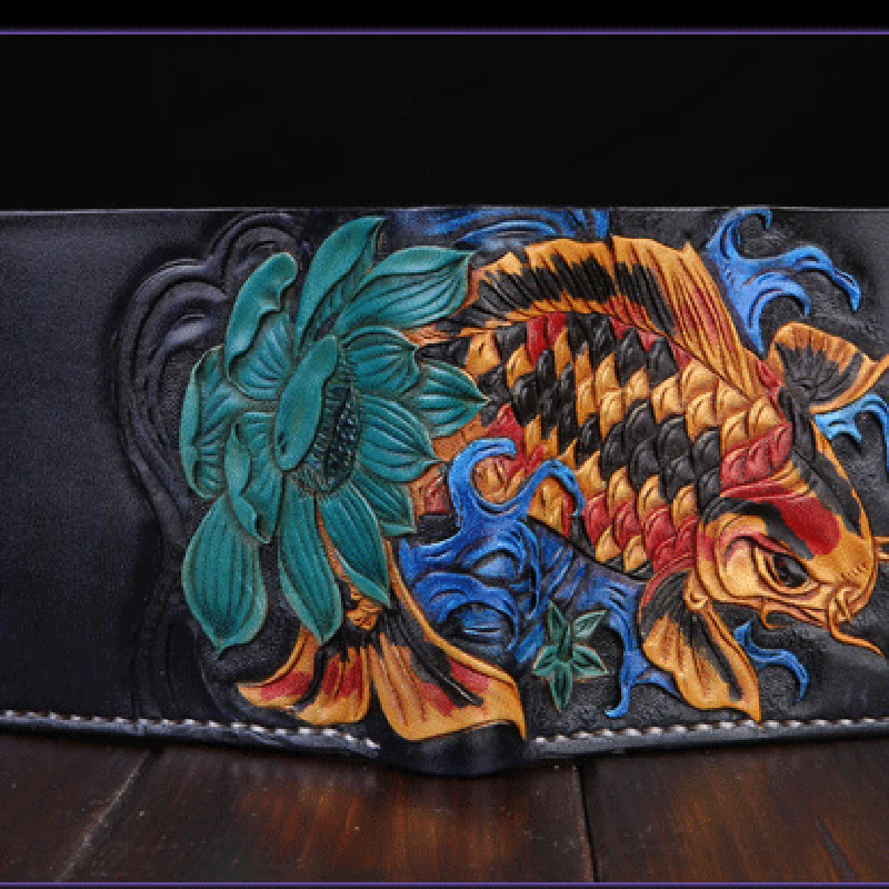 赫泽琼斯hezzjones原创手工皮雕钱包鲤鱼彩色短款真皮财布男女植鞣皮