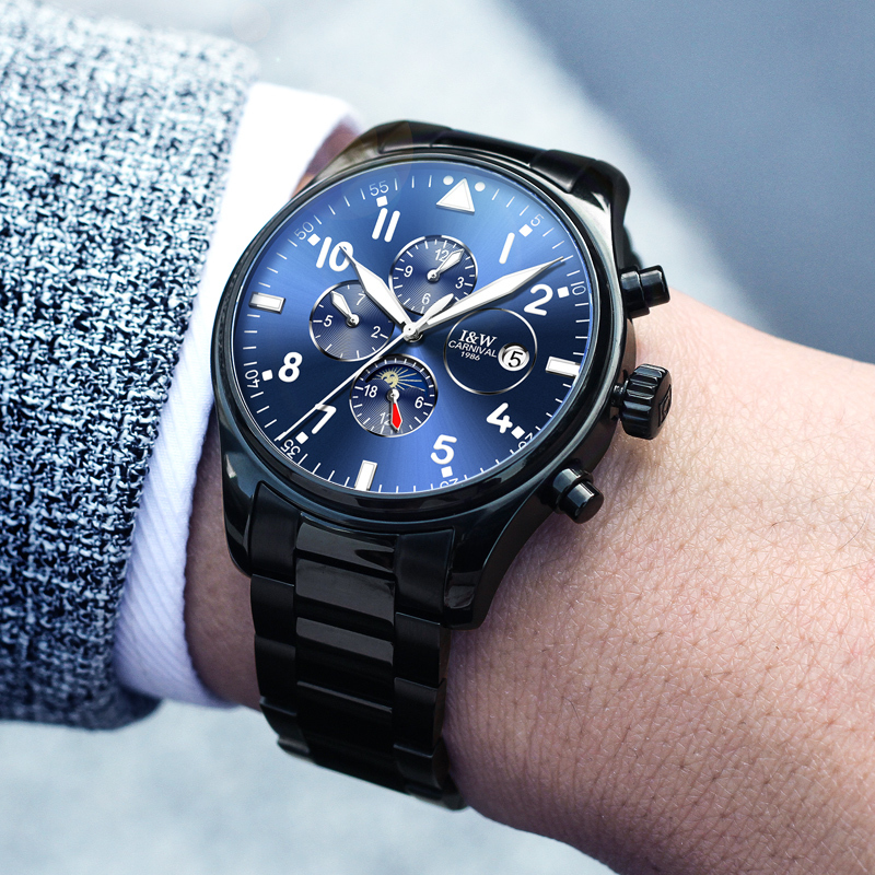 瑞士嘉年华Carnival手表男士全自动机械表 男多功能男表休闲时尚防水夜光真皮革带学生潮流腕表哑光喷砂格调8764-1高清大图