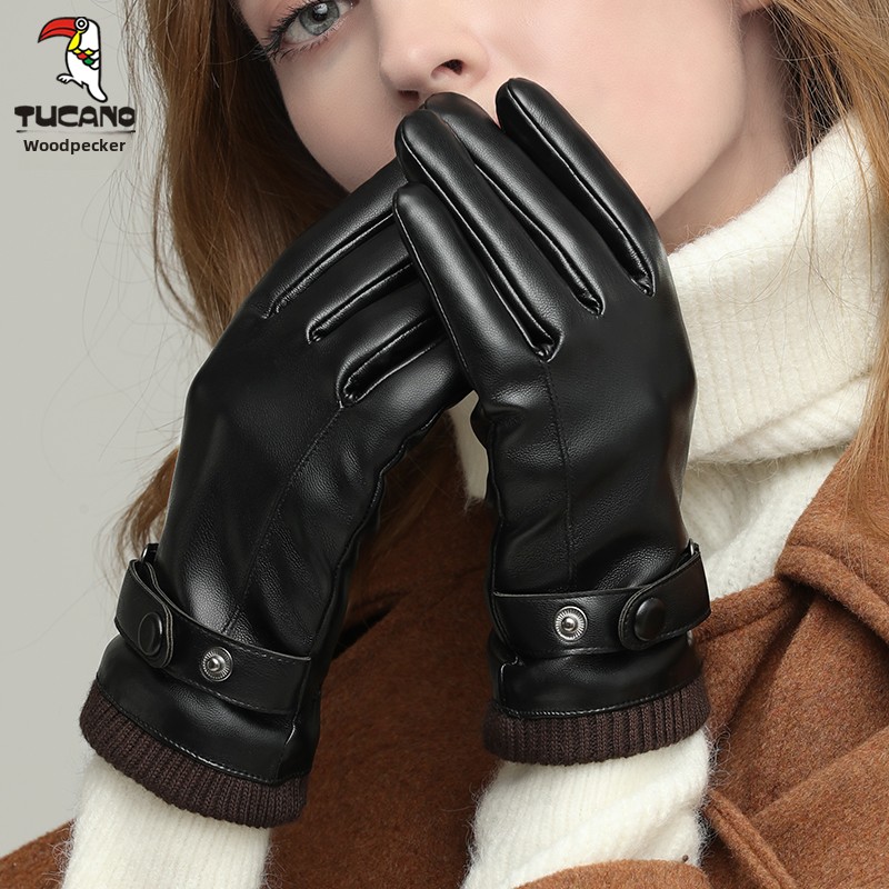 啄木鸟皮手套女冬季加绒加厚防风防水触屏保暖摩托电动车骑行手厚高清大图
