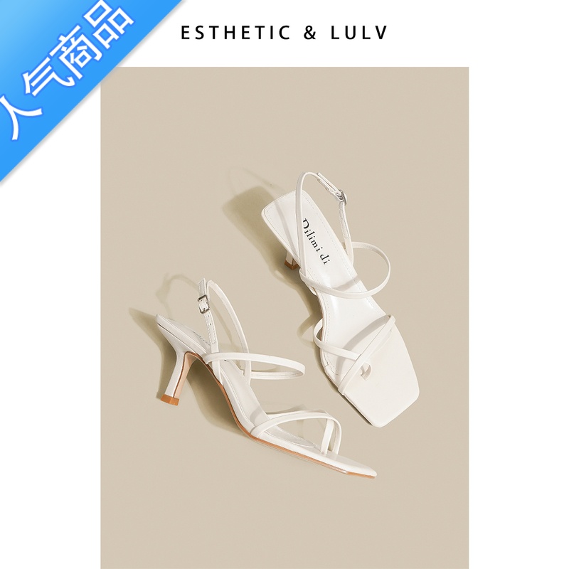 SUNTEK路侣 白色方头高跟罗马凉鞋女夏季2023年新款夹趾细跟一T趾新头高清大图