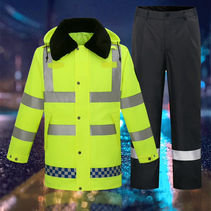 户外 分体雨衣雨裤 套装男士 加绒加棉加厚 保暖双层 交通保安反光雨衣高清大图
