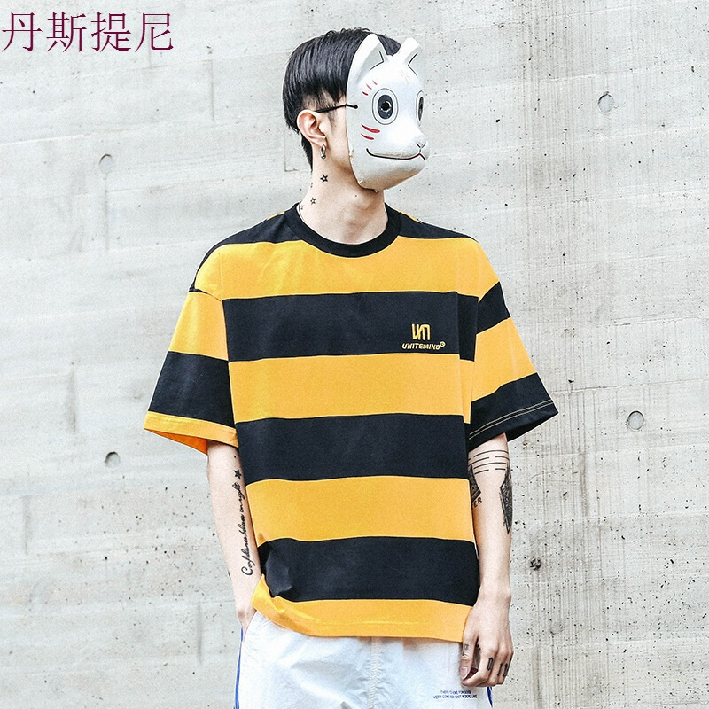 东京衣柜男装韩版夏季学生条纹T恤男潮流百搭宽松男女情侣短袖tee