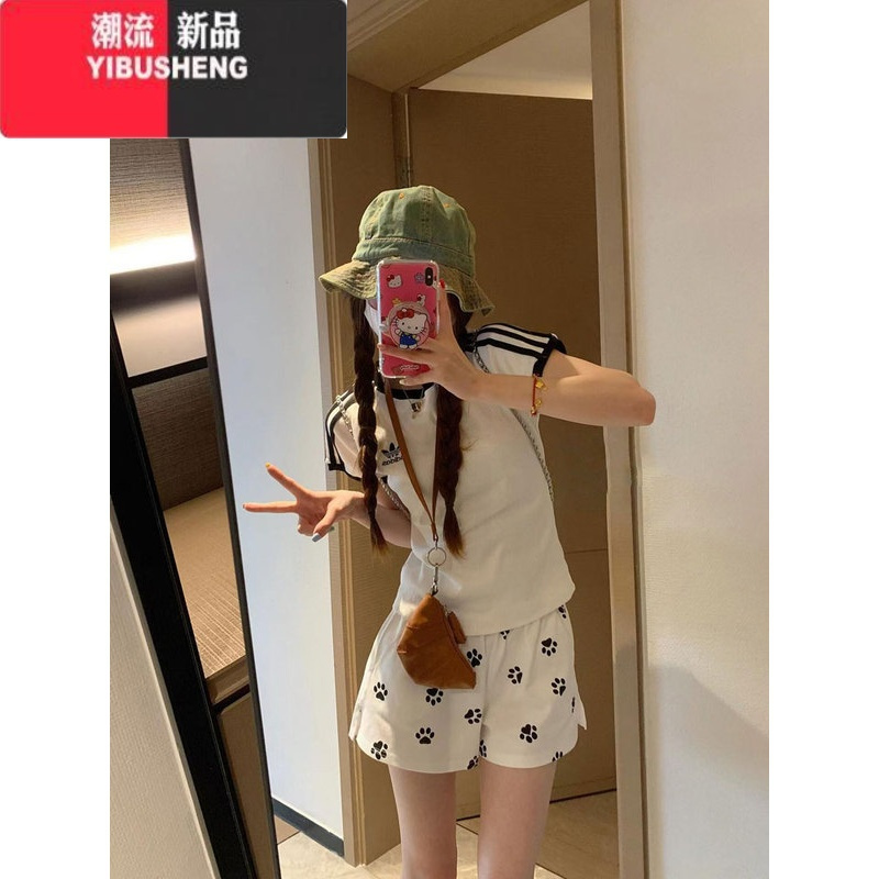 YIBUSHENG可爱狗脚印白色短裤女季薄款2024新款松紧腰宽松运动休闲阔腿裤