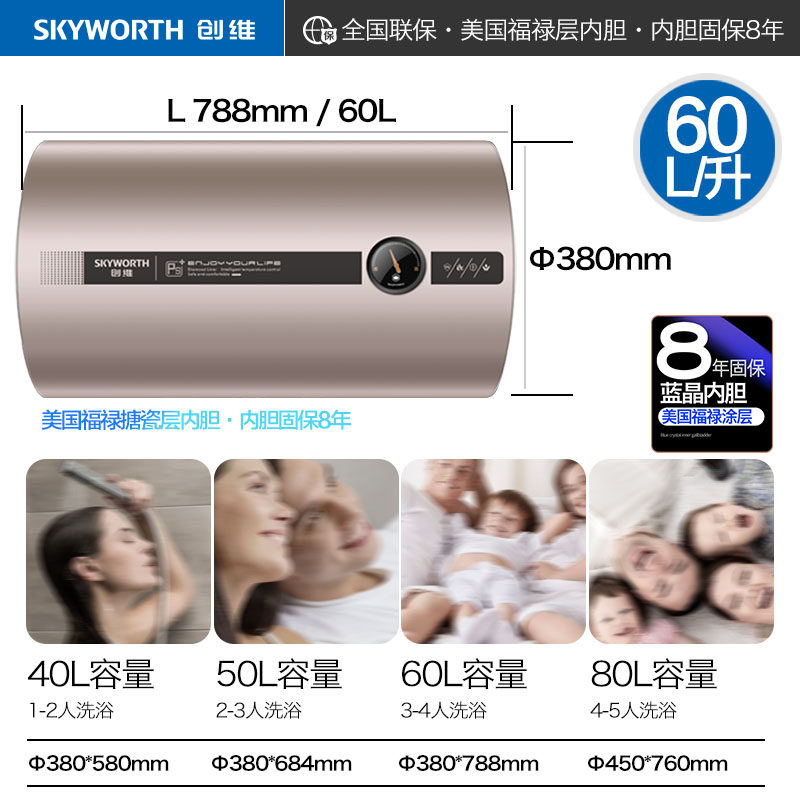 创维（SKYWORTH）2000W节能型 电热水器60L 速热增容 家用大容量3档速热热水器D4A