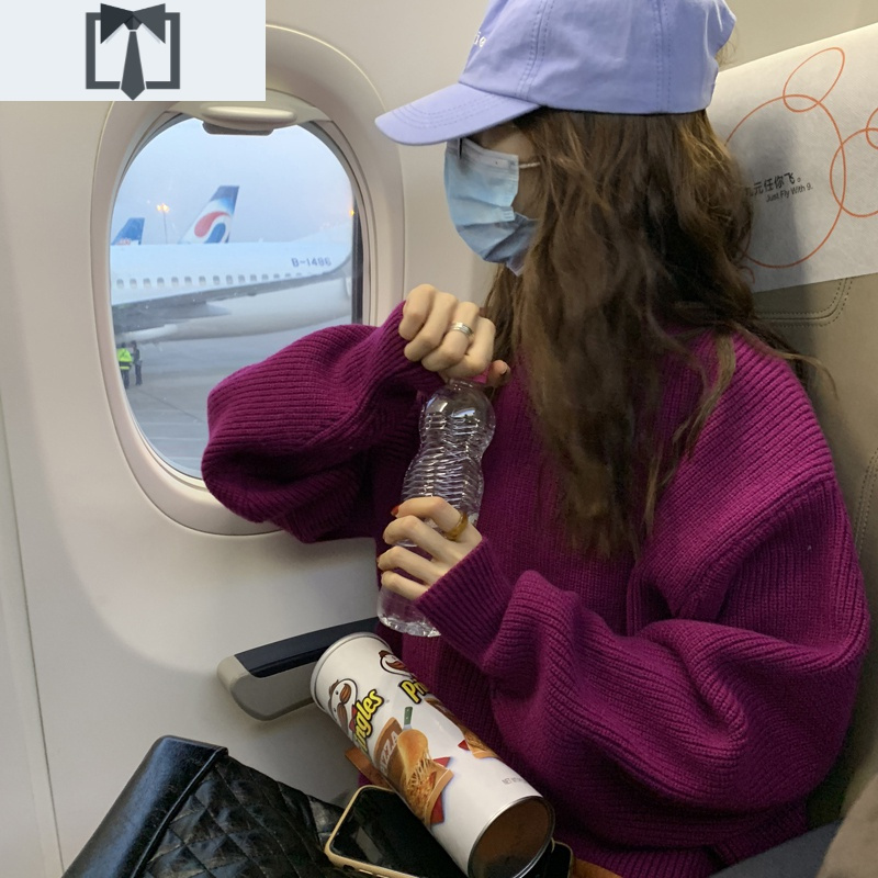 SUNTEK韩版chic宽松慵懒风火龙果红色套头圆领毛衣女冬外穿泡泡袖针织衫毛衣