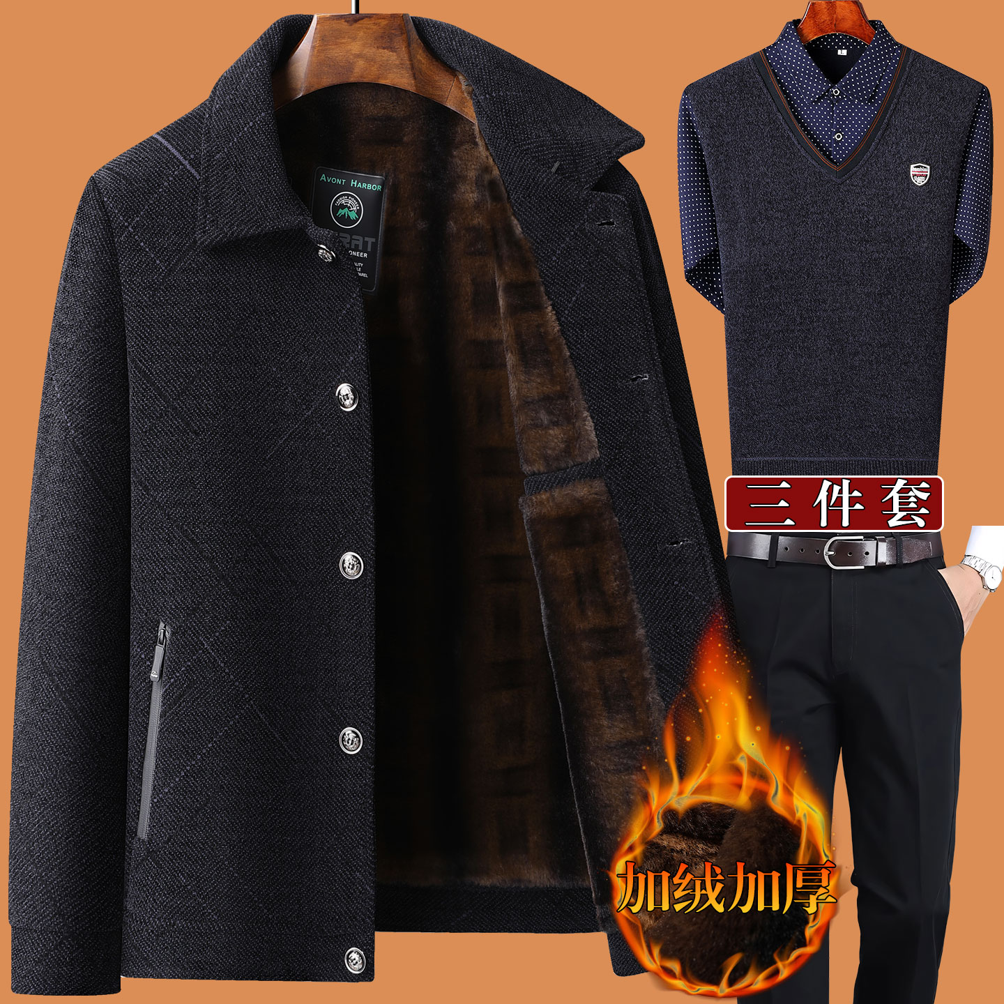啄木鸟爸爸冬装外套装50岁60中老年人男70加绒加厚80爷爷老人棉衣 黑蓝色+假两件+裤子 195/XXXXL适合165-185斤