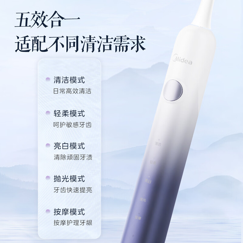 美的(Midea)YM3水袖蓝电动牙刷成人 扫振升级便携款 180天长续航 高效清洁牙齿 男士女士专用高清大图