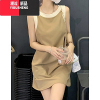 YIBUSHENG法式小香风撞色无袖背心连衣裙女小个子气质休闲宽松吊带短裙袖 L 卡其色