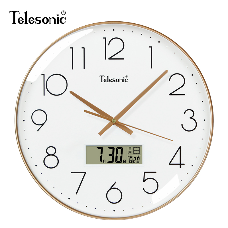 天王星(Telesonic)客厅挂钟北欧风简约时钟卧室钟表书房餐厅壁钟轻奢创意石英钟 14英寸LED款香槟金
