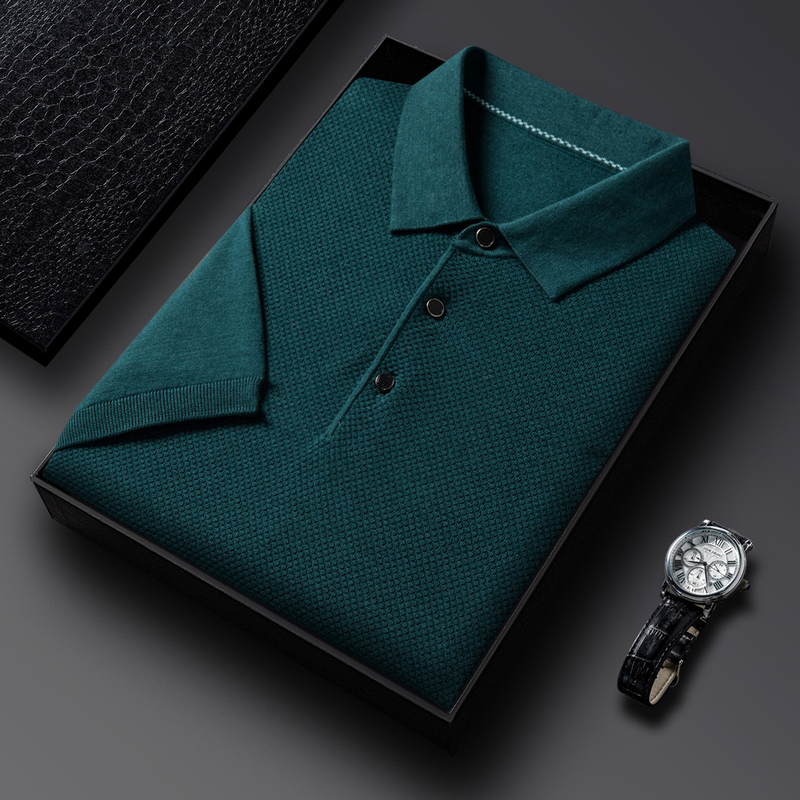 免费试穿夏季纯色桑蚕丝短袖薄款t恤男士翻领针织polo衫男装商务 墨绿色 190
