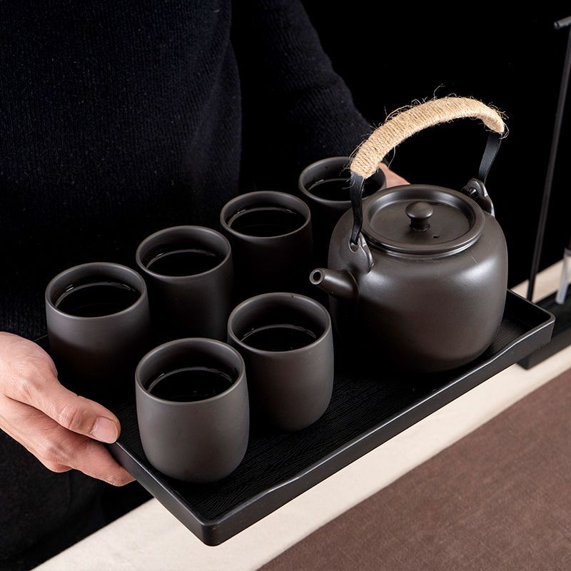 整套紫砂功夫茶具 陶瓷家用客厅现代提梁壶 大号茶壶茶杯茶盘套装 原矿提梁壶 黑