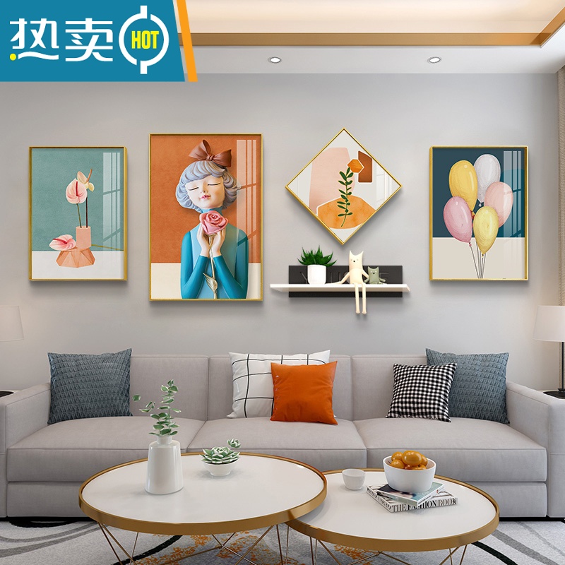 敬平现代简约客厅装饰画创意轻奢沙发背景墙挂画北欧组合卧室床头壁画装饰画 E 铝合金边框晶瓷画面40*60+50*70+40*40+40*