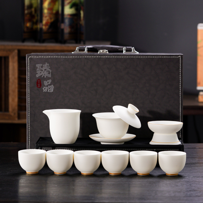 华普思高档轻奢德化羊脂玉陶瓷功夫茶具套装一整套盖碗茶壶年会伴手礼品 10头描金盖碗禅定杯套装