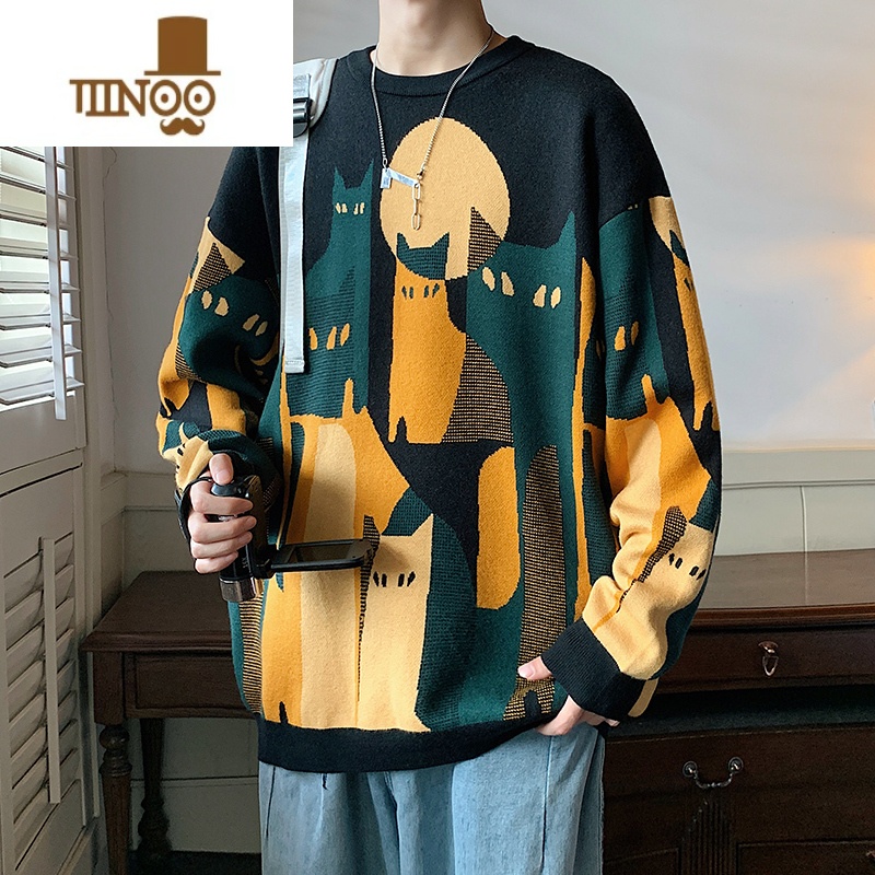 YANXU男士毛衣款宽松休闲慵懒复古针织衫外套青少年圆领打底衫上衣 黑色 M推荐体重100-130斤
