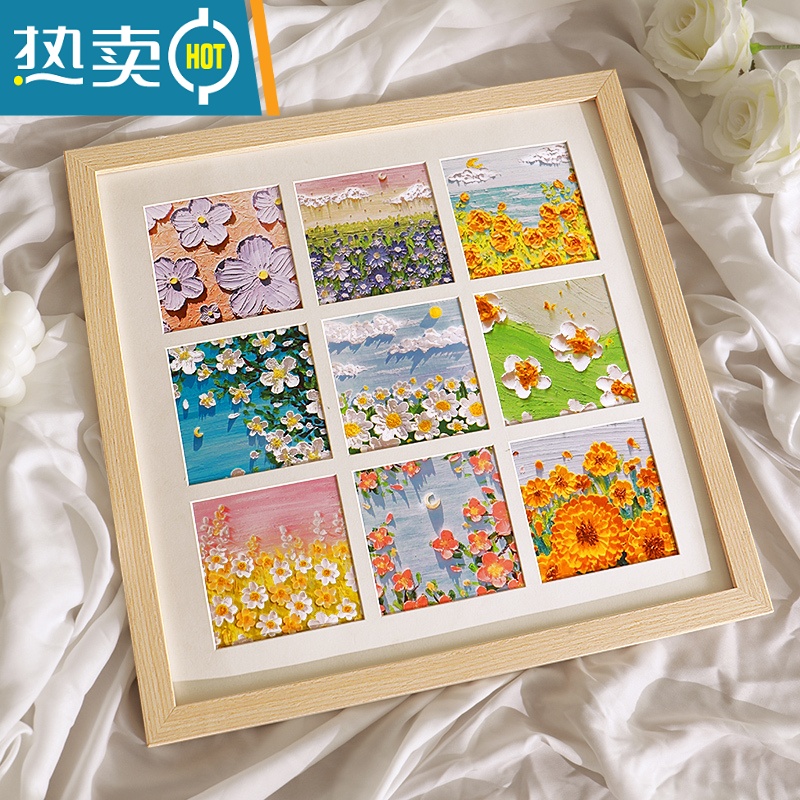 敬平油画棒相框摆台diy手工绘画作品保存装裱画框方形卡纸九宫格挂墙 秋香 木框内径35.5*35.5cm[装25张 6c高清大图