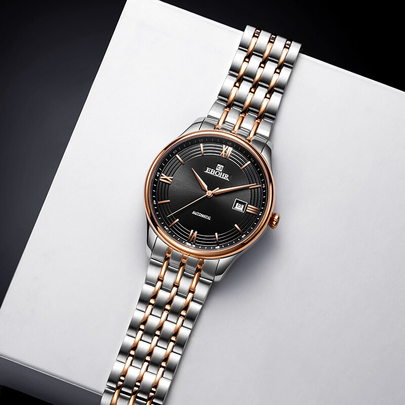 依波表(EBOHR)大师系列男士自动机械表商务国表百搭防水实心钢带手表送男友礼物 玫金框黑盘 50870110高清大图