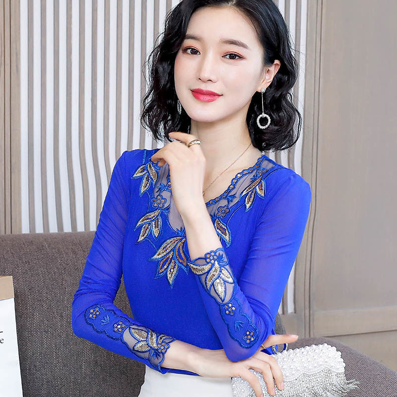 秋季蕾丝上衣女长袖2020新款洋气小衫薄款气质网纱打底衫大码t恤 蓝色 M