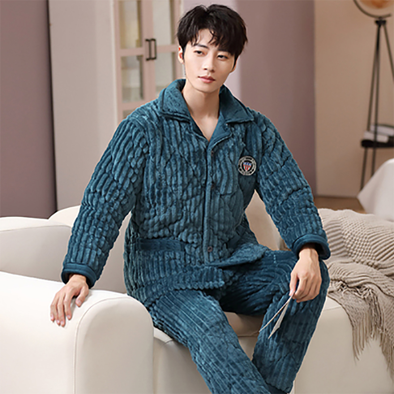 睡衣男冬季加厚保暖珊瑚绒家居服三层夹棉法兰绒可外穿秋加绒套装莎丞