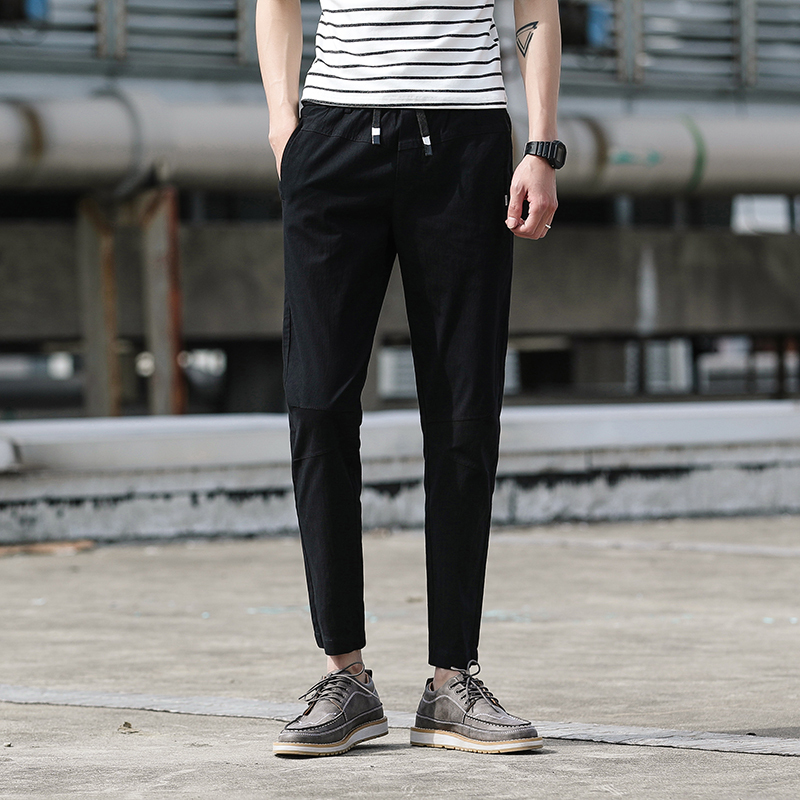 时尚潮男士休闲裤黑色小脚裤男百搭裤子男潮流新款九分裤