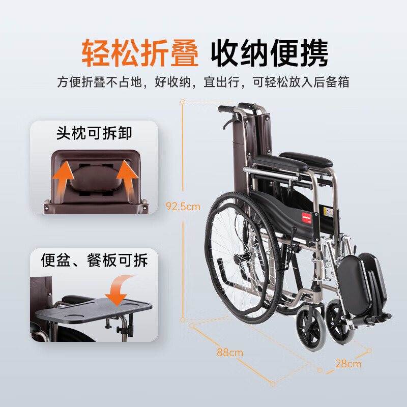 鱼跃(yuwell)*护理型轮椅车H059B老人半躺型带坐便器椅餐板钢管可折叠高清大图